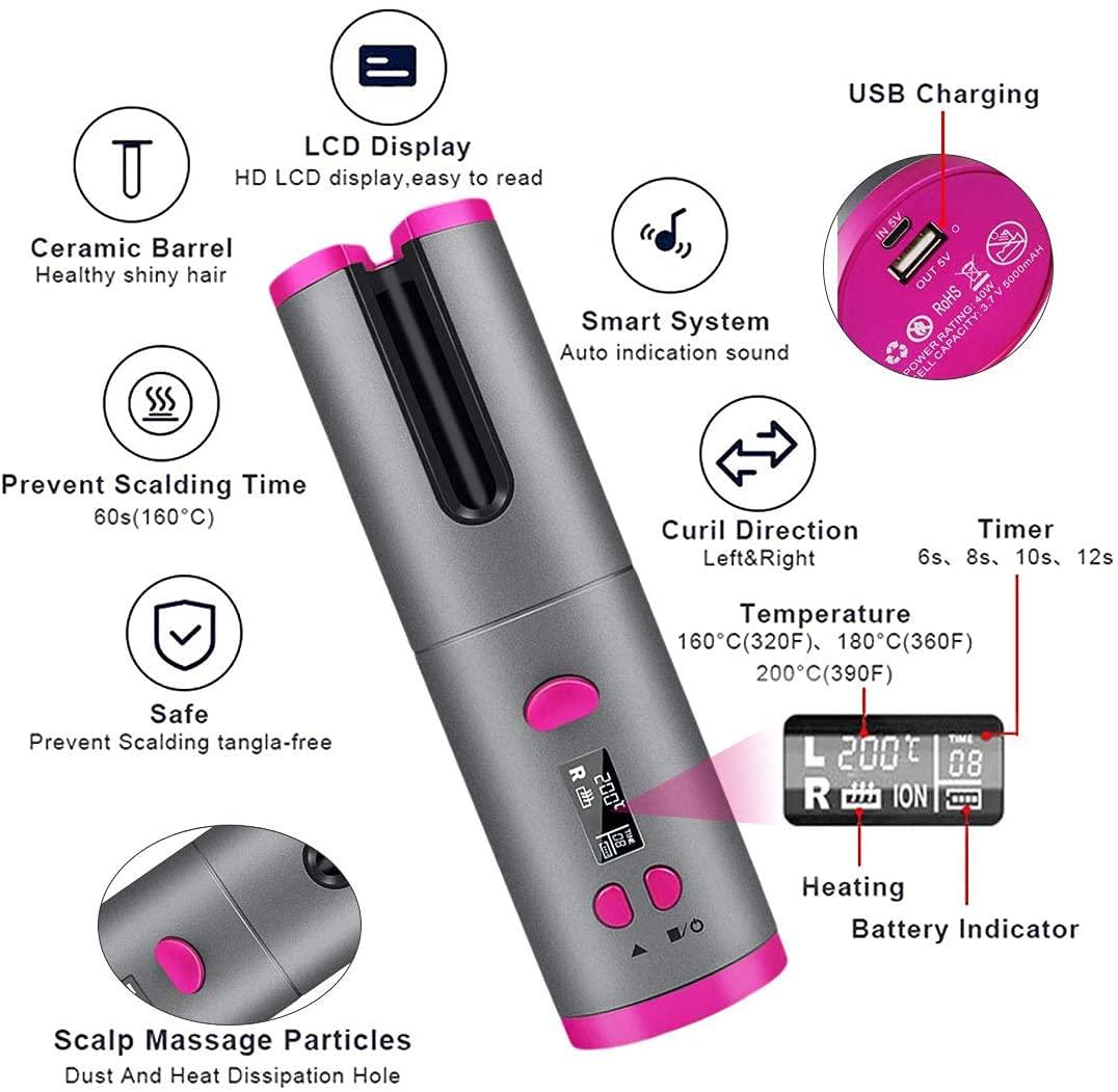 Cordless Automatic Hair Curler – USB Rechargeable, 6 Temp Settings, Ceramic Rotating Wand for Effortless Hair Styling