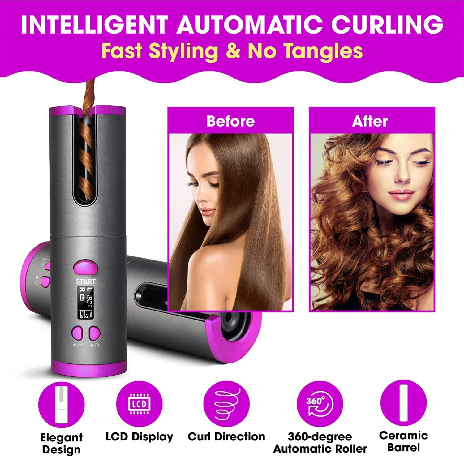 Cordless Automatic Hair Curler – USB Rechargeable, 6 Temp Settings, Ceramic Rotating Wand for Effortless Hair Styling