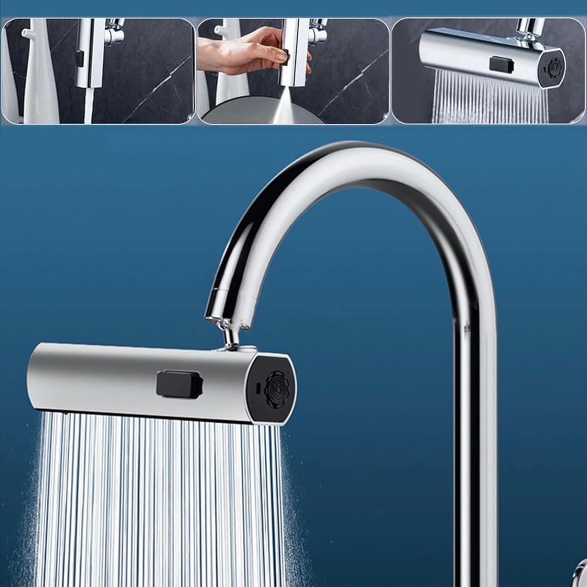 3-in-1 Swivel Waterfall Faucet with Pull-Down Sprayer – Universal Anti-Splash Tap Extender