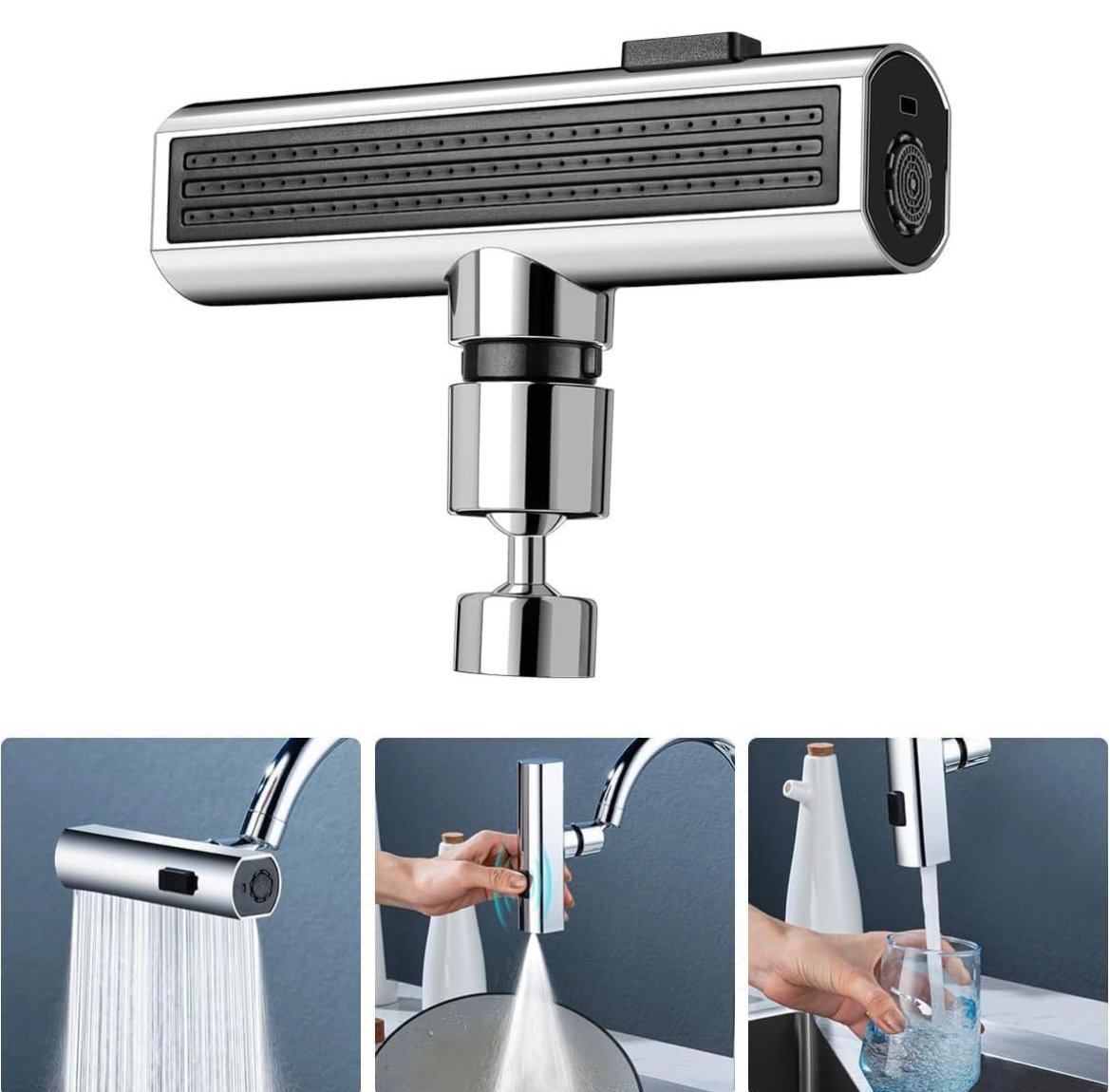 3-in-1 Swivel Waterfall Faucet with Pull-Down Sprayer – Universal Anti-Splash Tap Extender