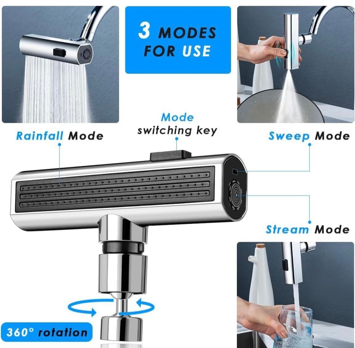 3-in-1 Swivel Waterfall Faucet with Pull-Down Sprayer – Universal Anti-Splash Tap Extender