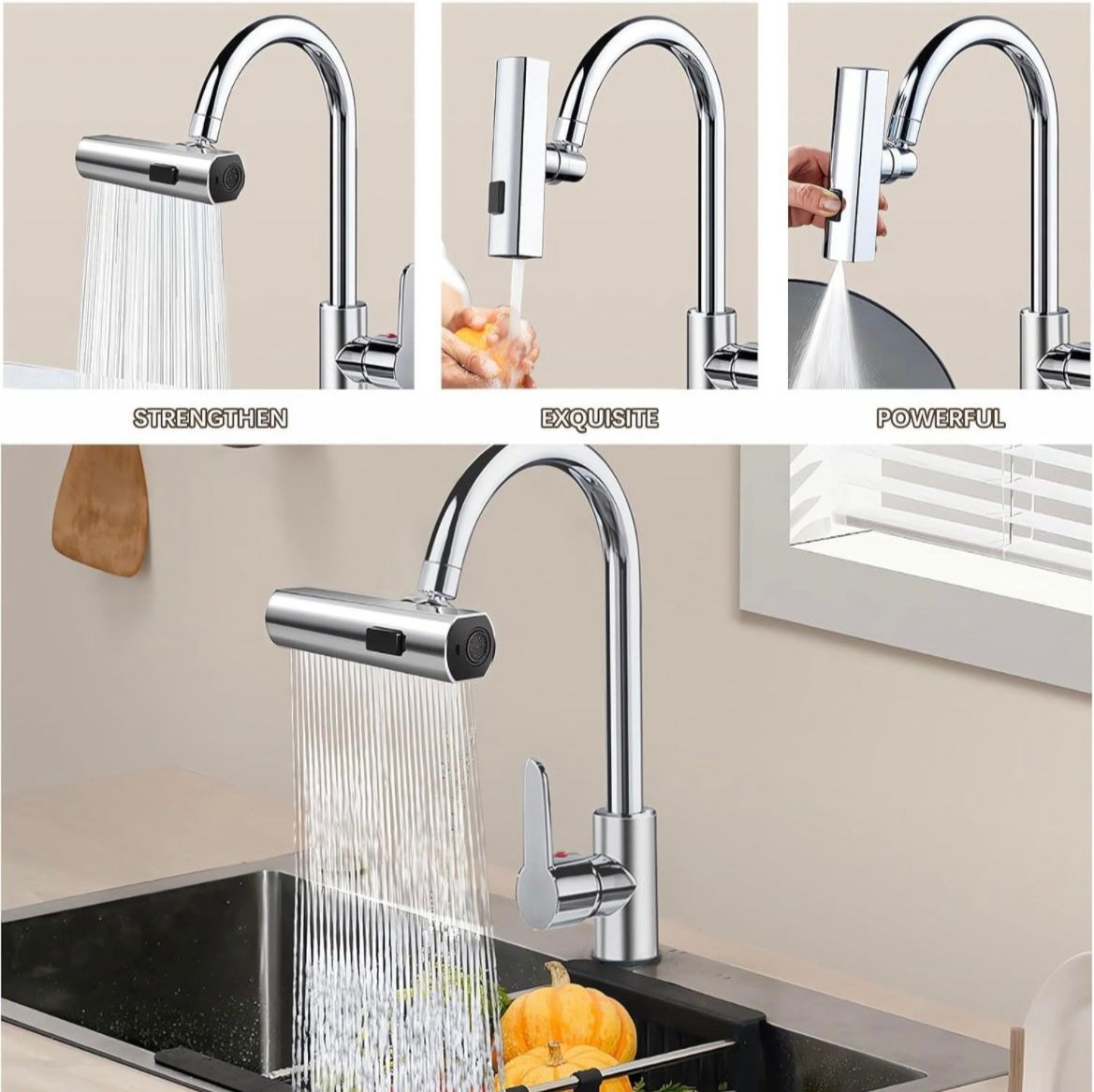3-in-1 Swivel Waterfall Faucet with Pull-Down Sprayer – Universal Anti-Splash Tap Extender