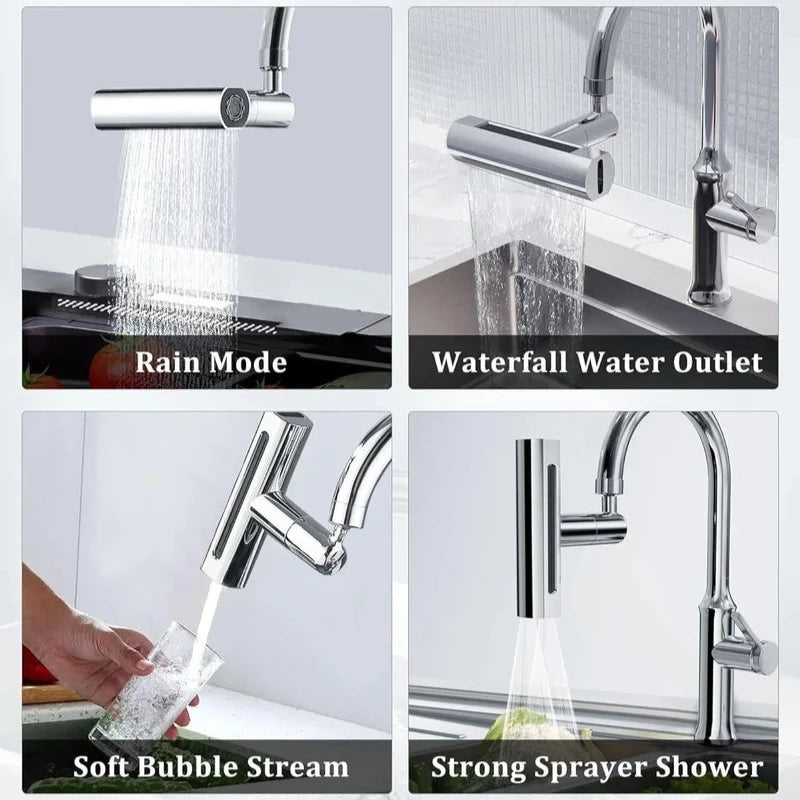 3-in-1 Swivel Waterfall Faucet with Pull-Down Sprayer – Universal Anti-Splash Tap Extender